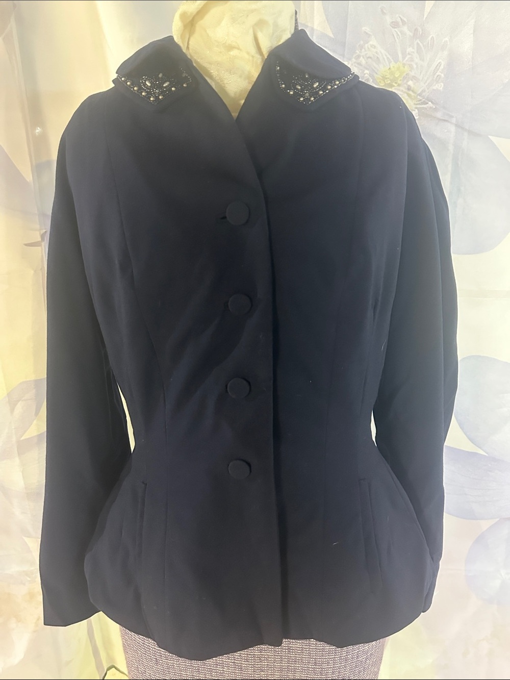 Women's Navy Bead-Trimmed Collar Tailored Jacket